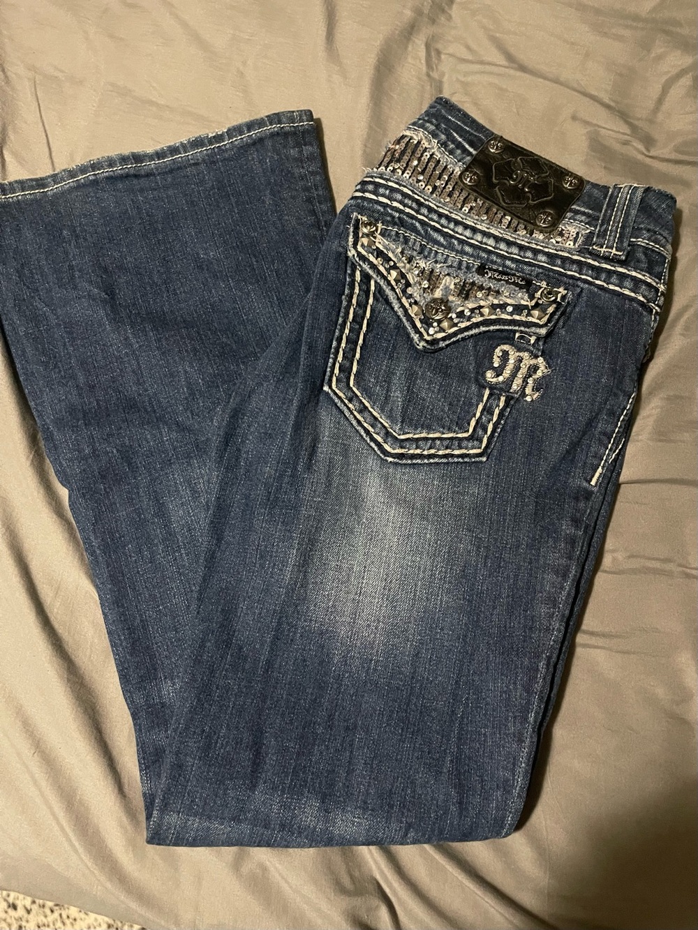 Miss Me Dark Blue Bootcut Jeans with Embellished Back Pockets